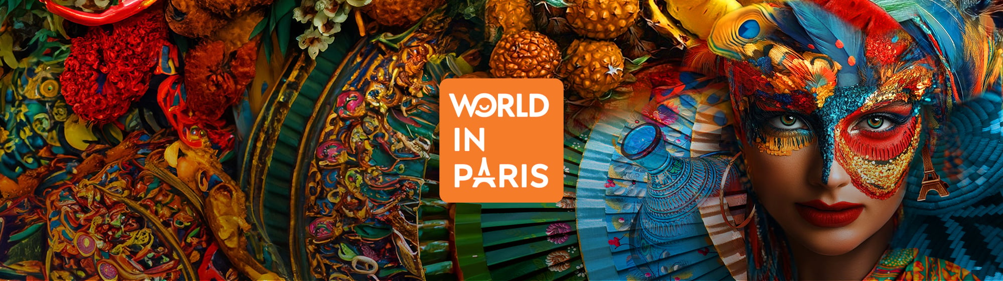 Visuel artistique et coloré représentant la diversité culturelle mondiale, avec une figure féminine stylisée et le logo World in Paris au centre