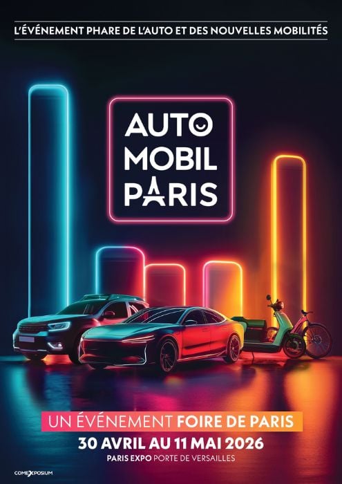 Visuel graphique aux néons représentant différents modes de mobilité avec voitures et deux-roues, accompagné du logo Auto Mobil Paris