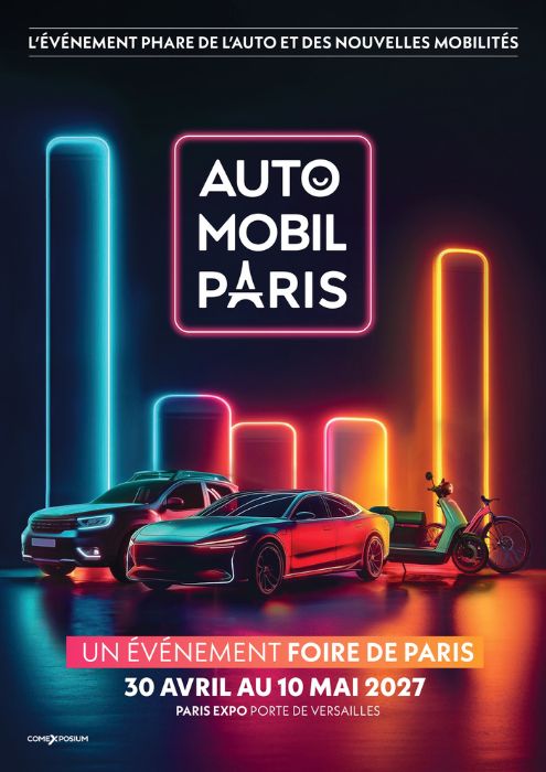 Visuel graphique aux néons représentant différents modes de mobilité avec voitures et deux-roues, accompagné du logo Auto Mobil Paris