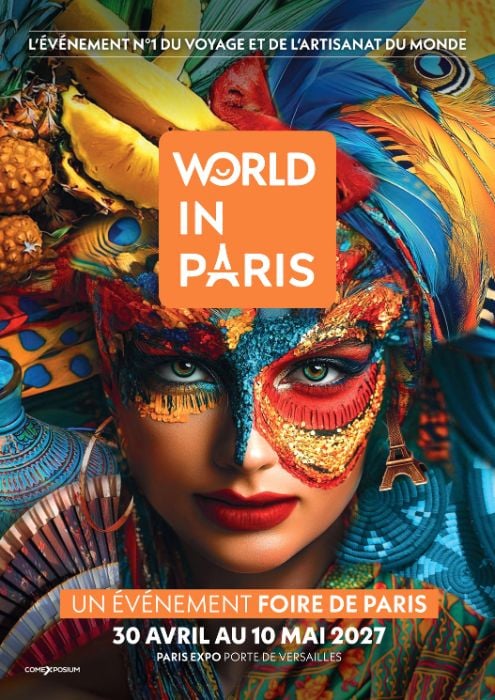 Visuel artistique et coloré représentant la diversité culturelle mondiale, avec une figure féminine stylisée et le logo World in Paris au centre